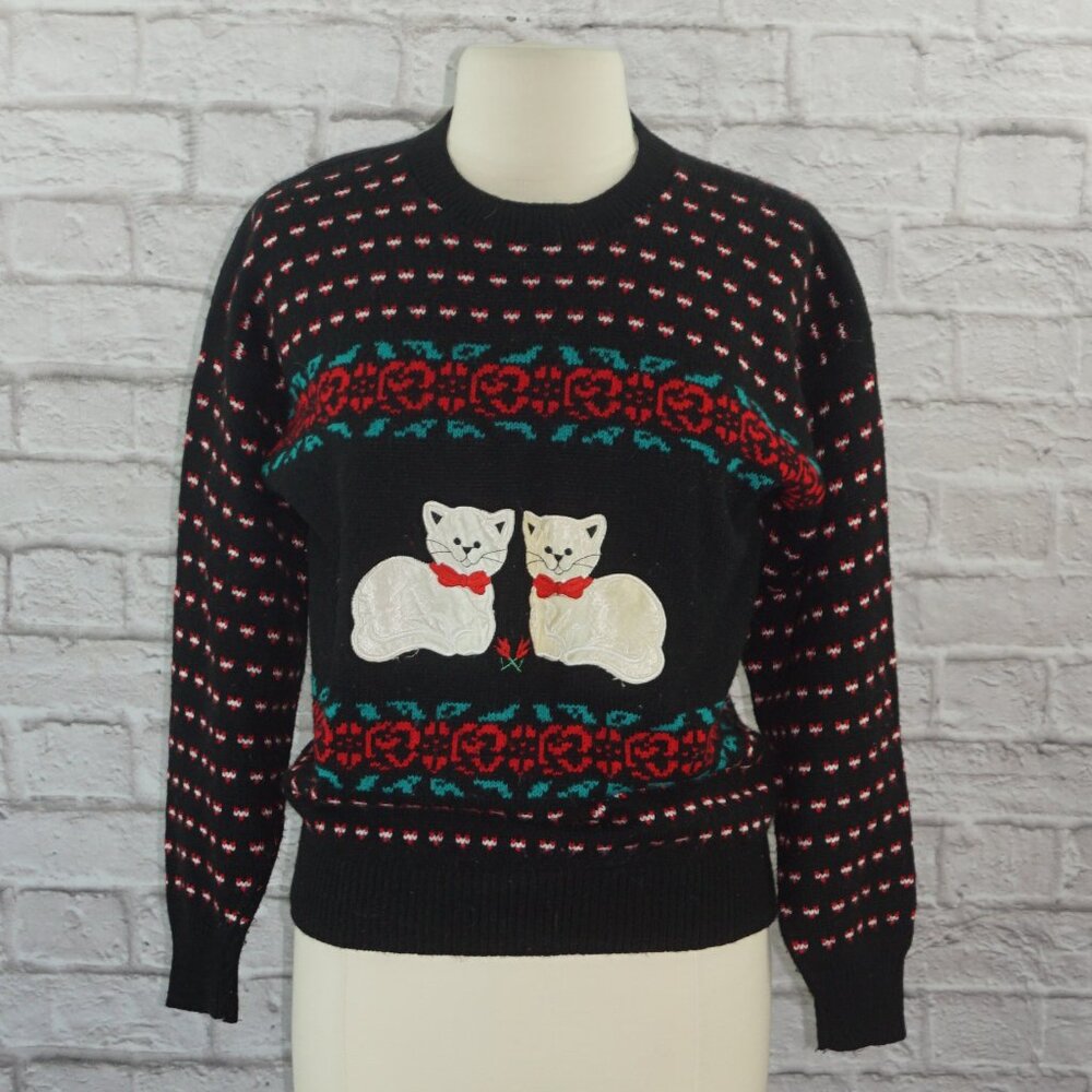 Vintage 80s Handmade Knit Intarsia Cat Applique Sweater